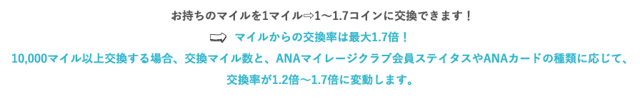 お持ちのマイルを1マイルを1〜1.7コインに交換できます！⇒マイルからの交換率は最大1.7倍！10,000マイル以上交換する場合、交換マイル数と、ANAマイレージクラブ会員ステイタスやANAカードの種類に応じて、交換率が1倍～1.7倍に変動します。