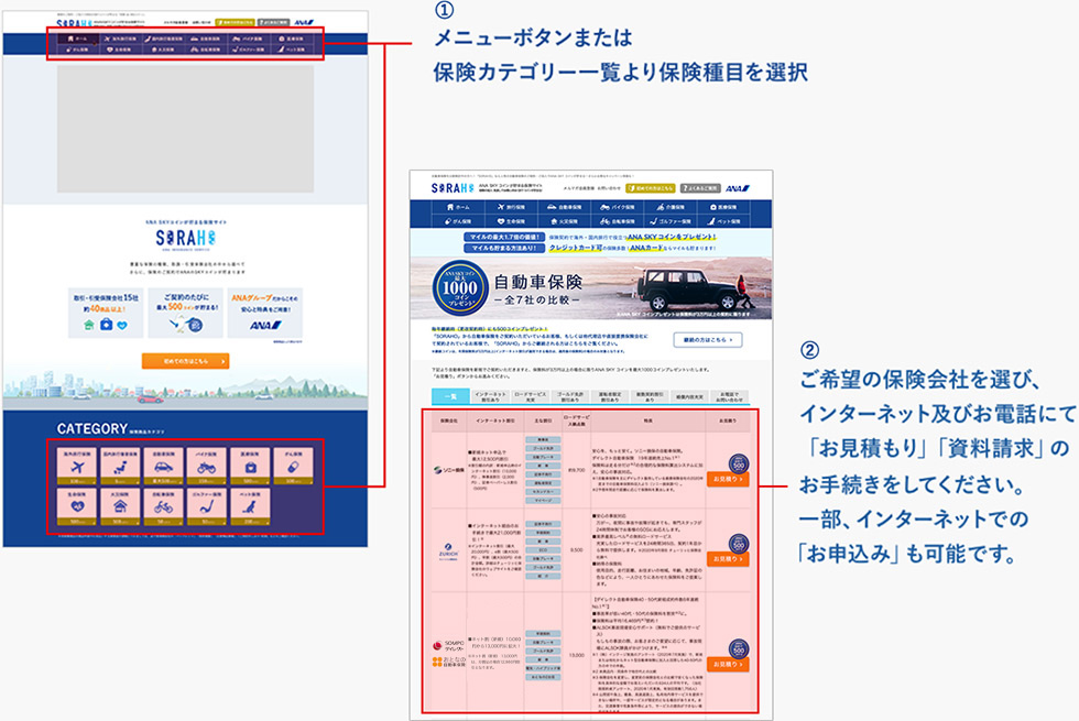 (1)メニューボタンまたは保険カテゴリー一覧より保険種目を選択。(2)ご希望の保険会社を選び、インターネット及びお電話にて「お見積り」「資料請求」のお手続きをしてください。一部、インターネットでの「お申込み」も可能です。