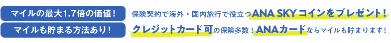 マイルの最大1.7倍の価値！保険契約で海外・国内旅行で役立つANA SKY コインをプレゼント！マイルも貯まる方法あり！クレジットカード可の保険多数！ANAカードならマイルも貯まります！