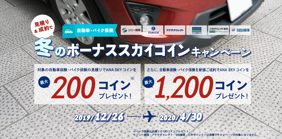 自動車・バイク保険  冬のボーナススカイコインキャンペーン！