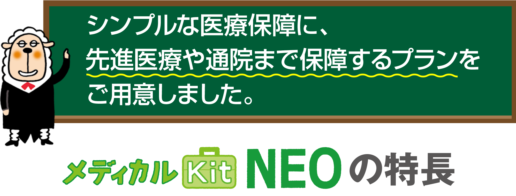 メディカルKit NEOの特長：シンプルな医療保障に、先進医療や通院まで保障するプランをご用意しました。
