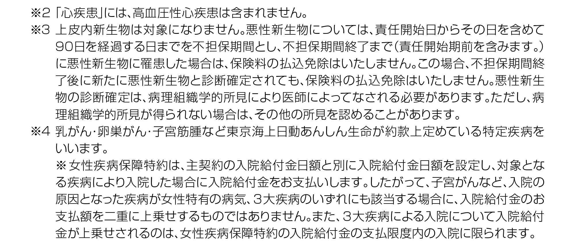 ※2「心疾患」には、高血圧性心疾患は含まれません。※3上皮内新生物は対象になりません。悪性新生物については、責任開始日からその日を含めて90日を経過する日までを不担保期間とし、不担保期間終了まで（責任開始期前を含みます。）に悪性新生物に罹患した場合は、保険料の払込免除はいたしません。この場合、不担保期間終了後に新たに悪性新生物と診断確定されても、保険料の払込免除はいたしません。悪性新生物の診断確定は、病理組織学的所見により医師によってなされる必要があります。ただし、病理組織学的所見が得られない場合は、その他の所見を認めることがあります。※4乳がん・卵巣がん・子宮筋腫など東京海上日動あんしん生命が約款上定めている特定疾病をいいます。※女性疾病保障特約は、主契約の入院給付金日額と別に入院給付金日額を設定し、対象となる疾病により入院した場合に入院給付金をお支払いします。したがって、子宮がんなど、入院の原因となった疾病が女性特有の病気、３大疾病のいずれにも該当する場合に、入院給付金のお支払額を二重に上乗せするものではありません。また、３大疾病による入院について入院給付金が上乗せされるのは、女性疾病保障特約の入院給付金の支払限度内の入院に限られます。
