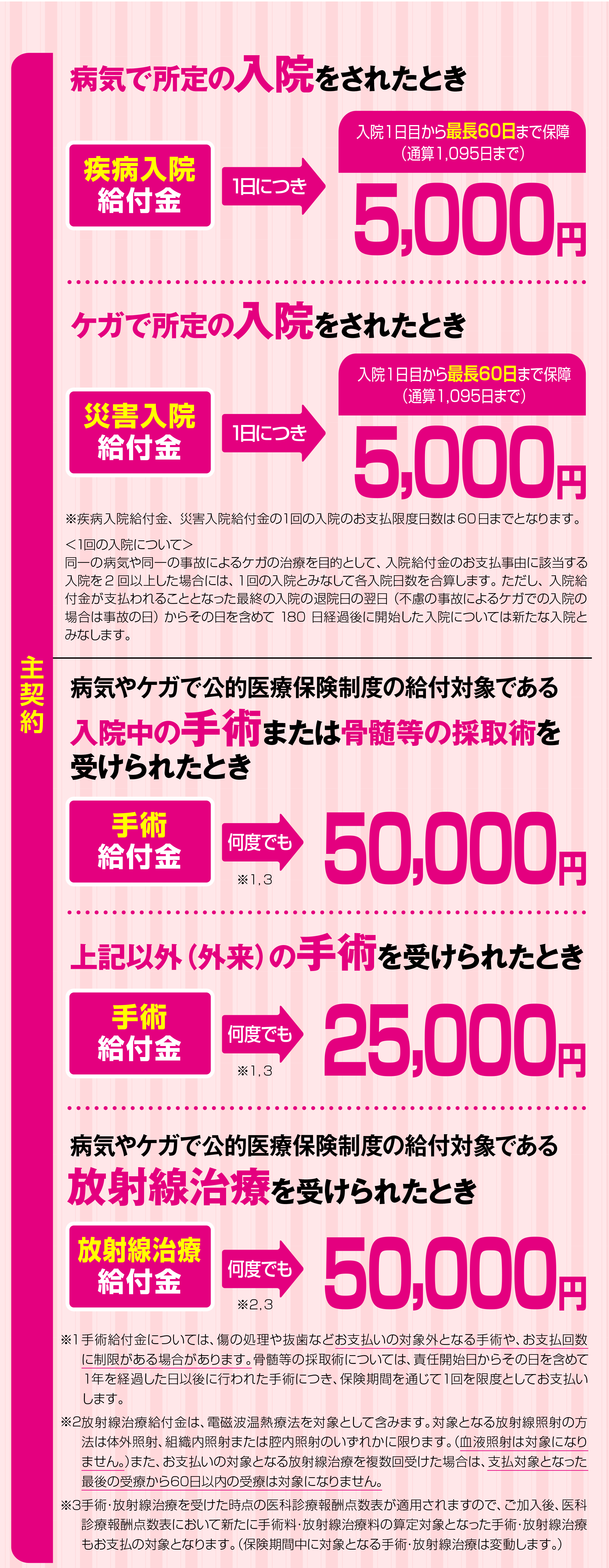 主契約：病気で所定の入院をされたとき、疾病入院給付金1日につき5,000円。ケガで所定の入院をされたとき、災害入院給付金1日につき5,000円。病気やケガで公的医療保険制度の給付対象である入院中の手術または骨髄等の採取術を受けられたとき、手術給付金何度でも50,000円。上記以外（外来）の手術を受けられたとき、手術給付金何度でも25,000円。病気やケガで公的医療保険制度の給付対象である放射線治療を受けられたとき、放射線治療給付金何度でも50,000円。